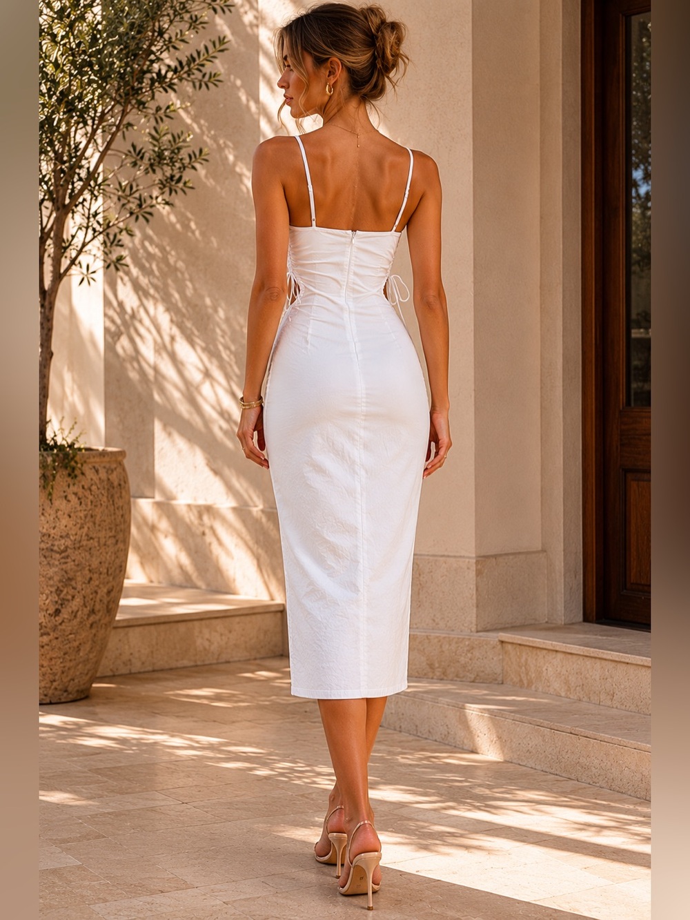 Zara White Ruched Side Tie Midi Dress | Coastal Chic Summer Dress | Size M - Picture 3 of 6